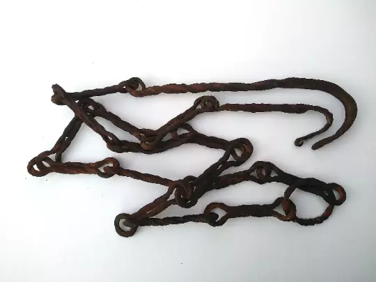 Antique Primitive 18th c. Rare Hand Forged Wrought Iron Hearth Fireplace Chain