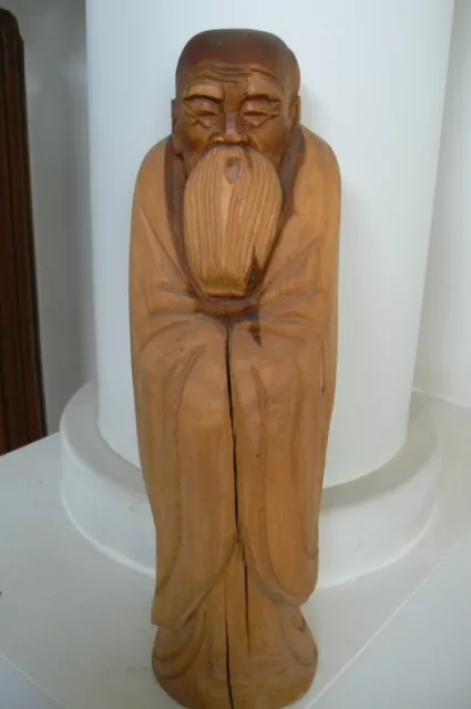 Chinese Hand Carved Wooden Statue, Old Wise Man, Confucius, 37cm Oriental, China