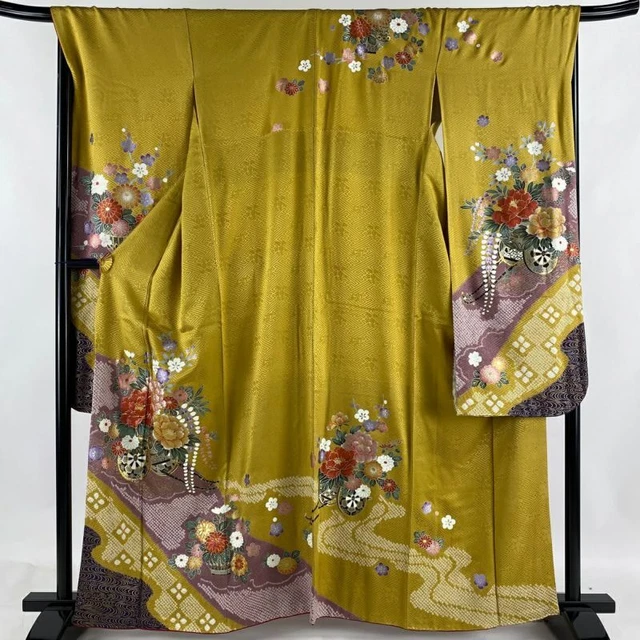JAPANESE KIMONO FURISODE LONG SLEEVES LADIES WOVEN SILK 100% GOLD THREAD 162cm