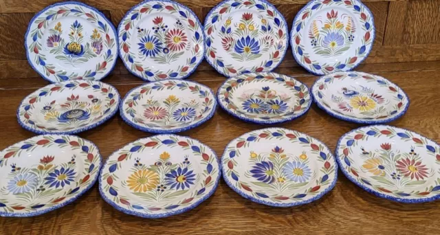 Set Of 12 Quimper Fleur Royal 8” Salad Plate Floral Flowers