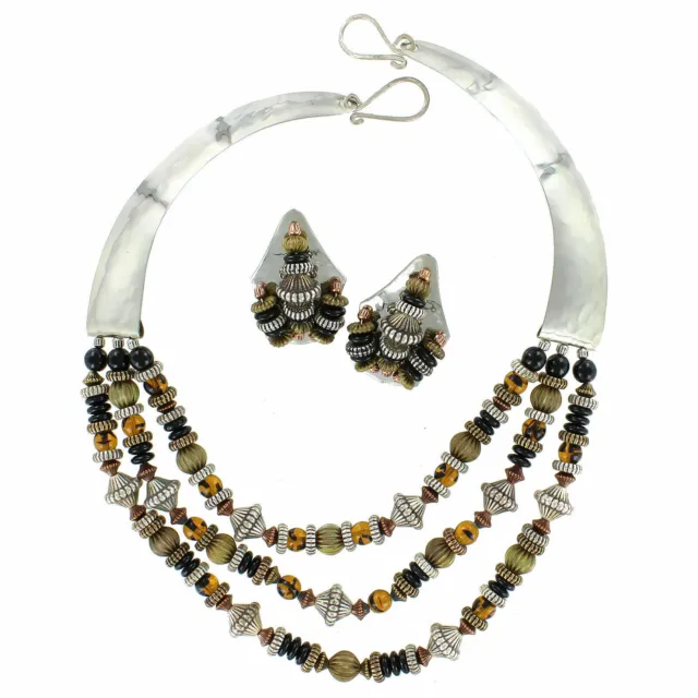 Hand Cut Nickel Faux Tortoise Onyx & Ornate Beads Necklace & Matching Earrings