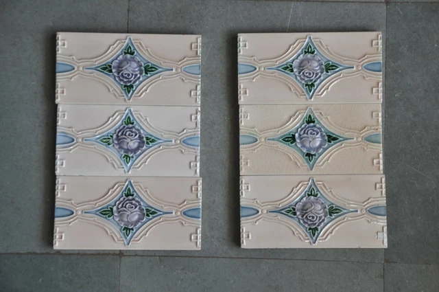 6 Pc Vintage Majolica Decorative Diamond Art Nouveau Architecture Tiles,Japan 2
