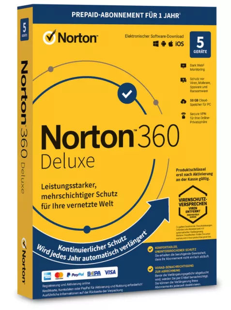 Norton 360 Deluxe 5 User 1 Jahr PC/Mac/Android 2024 Internet Security EU DE KEY