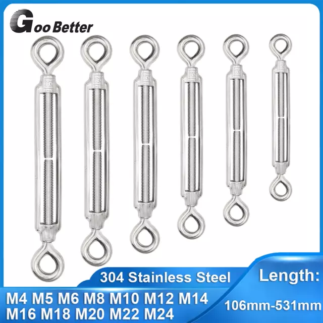 Eye and Eye Stainless Steel Open Body Turnbuckle Wire Rope Rigging Screw M4-M24