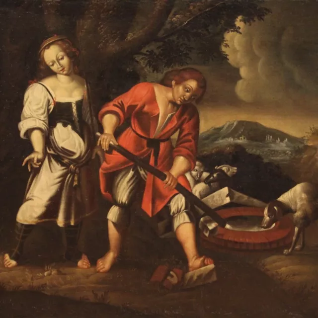 Antiguo paisaje pintura óleo sobre lienzo figuras pozo cuadro siglo XVIII 700