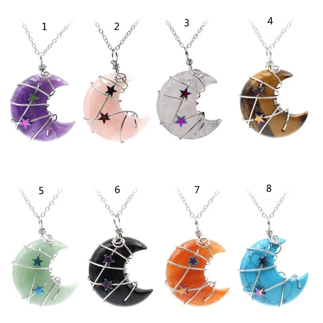 Crystal Necklace Tree-of-Life Crescent-Moon Necklace Wire Wrap Natural Gemstones