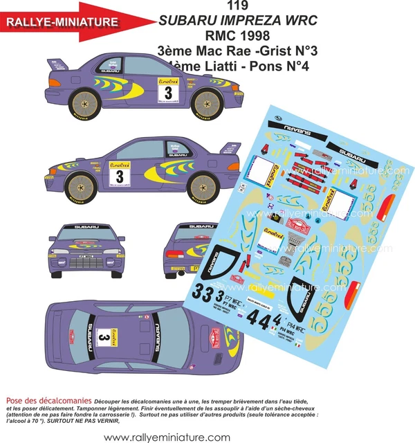 Décalcomanies 1/24 Subaru Impreza WRC Tour De Corse 1998 - Réf 0162 McRae Liatri
