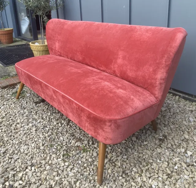 Classic Vintage Coral Pink Velvet Mid Century Sofa - Reupholstered