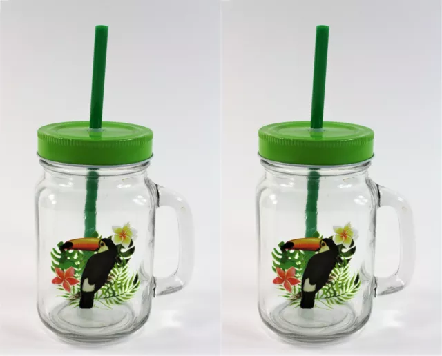 2x Trink Becher Flasche Glas Deckel Halm Vogel Tier Kinder Geburtstag Set Motive
