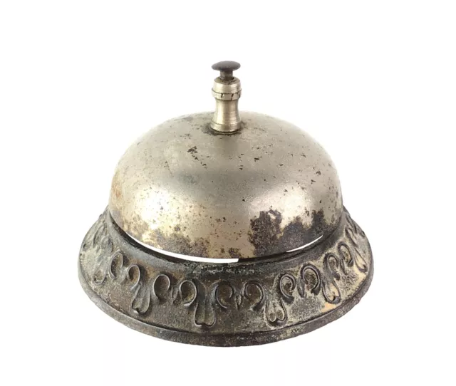Antique Hotel Counter Desk Service Bell Repousse Scroll Bead Silver Tone Metal