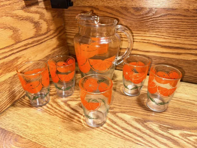 MCM One Quart Orange Juice Pitcher and 5 Glasses Set Florida Oranges Kids Cup