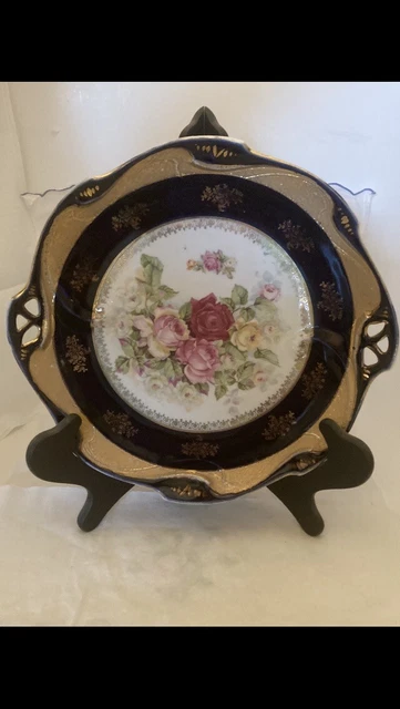 Vtg Hand Painted Pierced Handles Floral Cake Plate Cobalt Blue Gold Gilt 10.5”R