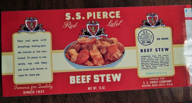 S.S. PIERCE RED LABEL BEEF STEW VTG Can Label NOS New EPHEMERA COLLECTIBLE