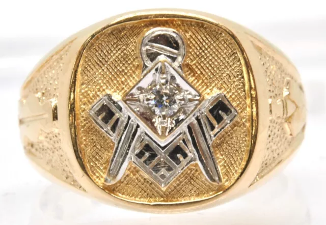 Mens 10k Yellow Gold Solitaire Diamond Masonic Freemason Blue Lodge Compass Ring