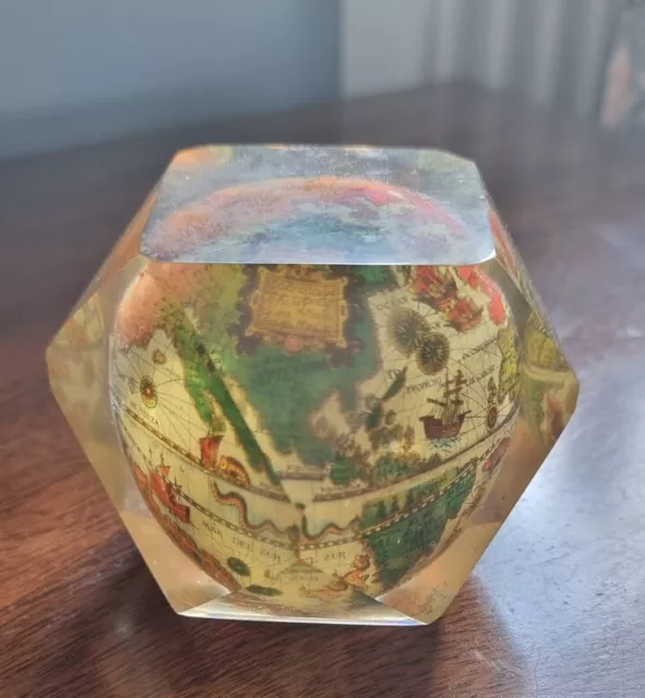 Vintage Paperweight Resin Lucite Old Globe World Earth Old Maps Cube 