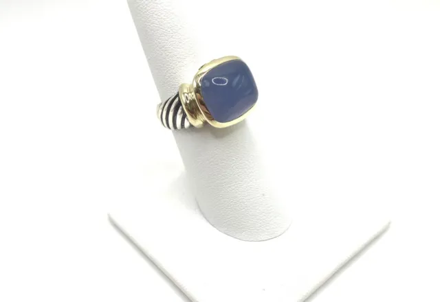 David Yurman Sterling Silver 14k Blue Chalcedony Noblesse Cable Ring Sz 6.5