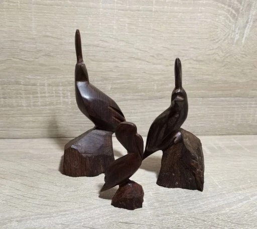 Set of 3 VTG Hand Carved Wooden Ironwood Quail Pelican Statue Bird Figurine Rock