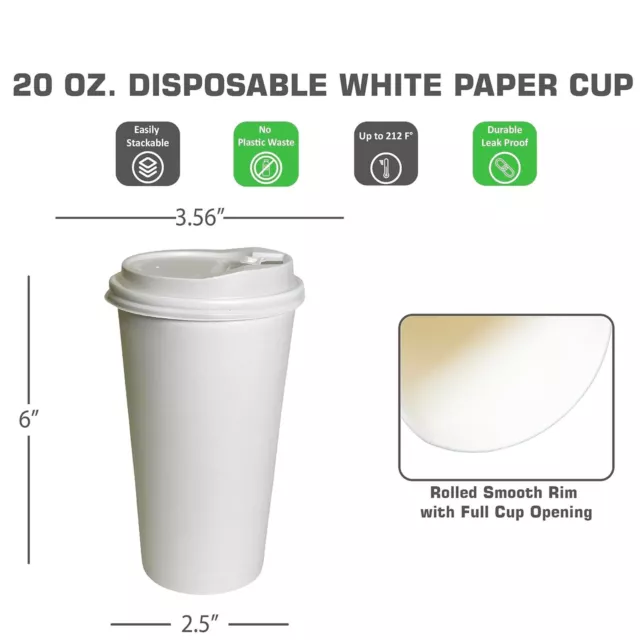 20 oz. White Disposable Coffee Cups with White Dome Lids - Hot Paper Cups To-Go