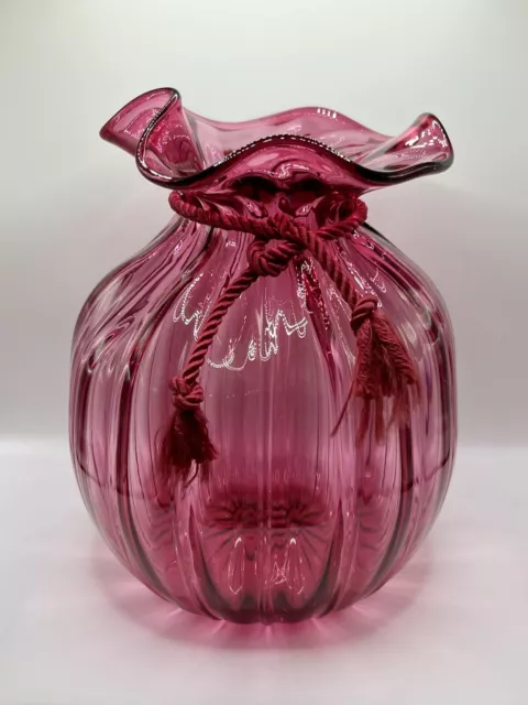 Vintage Pilgrim Cranberry Glass Ribbed Sack Bag Vase With Silk Cord Hand blown