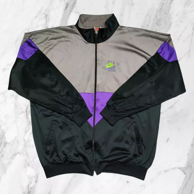 Nike Vintage Anni 80 90 Felpa Zip Uomo Grigia Nera Viola Giacca Tuta Taglia XL