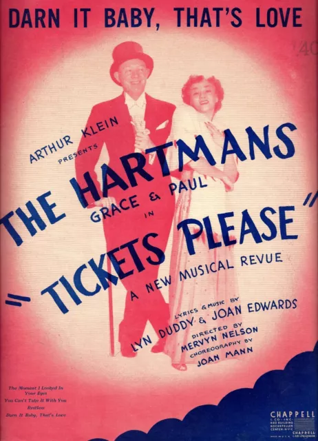 Grace and Paul Hartman "TICKETS PLEASE" Larry Kert (Debut) 1950 Sheet Music