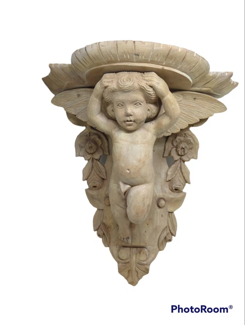 Wooden Cherub Angel Wall Shelf Hand Carved Large 15 1/2" Tall Putto Italian VTG