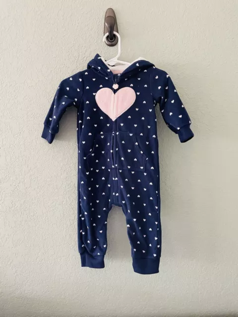 Carters 6 Month Baby Girl Blue Zip Polka-dot Fleece Hooded Jumpsuit Winter