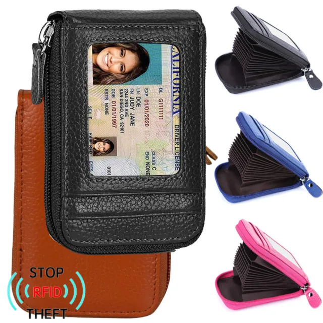 RFID Blocking Men Women Zipper Leather Wallet Credit Card Holder ID Holder Bag
