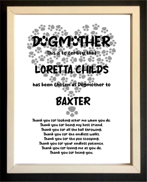 Dogmother certificate | Dog minder FUN gift | Thank you for Dog Carer | Unframed