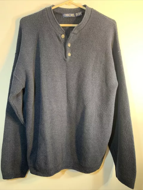 Men`s Cherokee Henley Sweater Navy Blue Pullover Long Sleeve Drop Shoulder