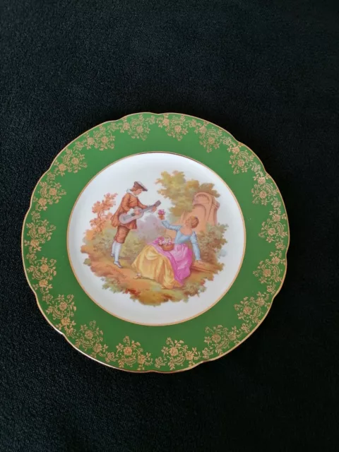 Limoges Fragonard Serenading Lovers Plate 10inch Green & 22k Gold Rare 1988 