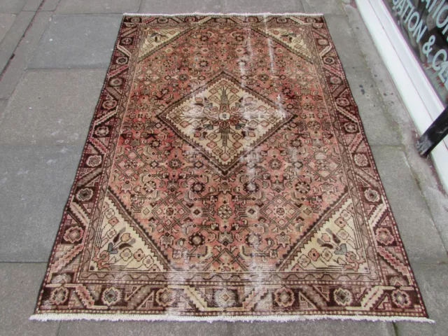 Vintage Worn Hand Made Traditional Oriental Wool Faded Pink Blue Rug 198x148cm