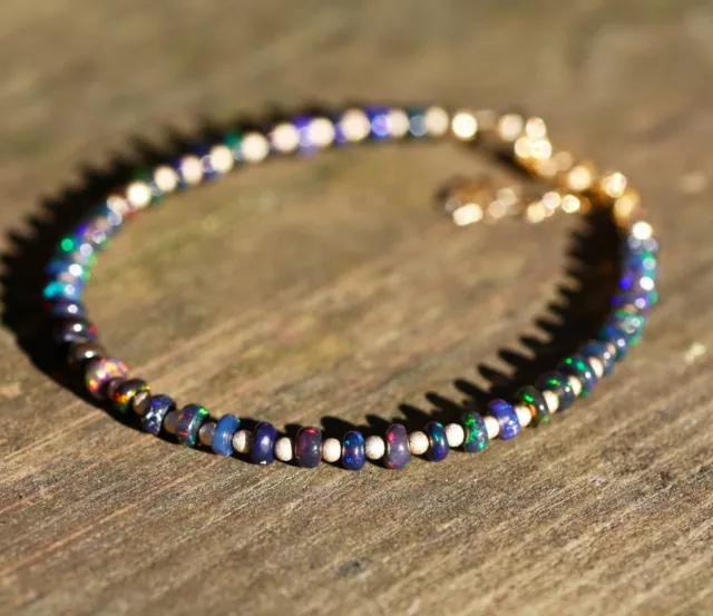 Natural Welo Black Opal Bracelet 14k Yellow Gold Filled , October Birthstone