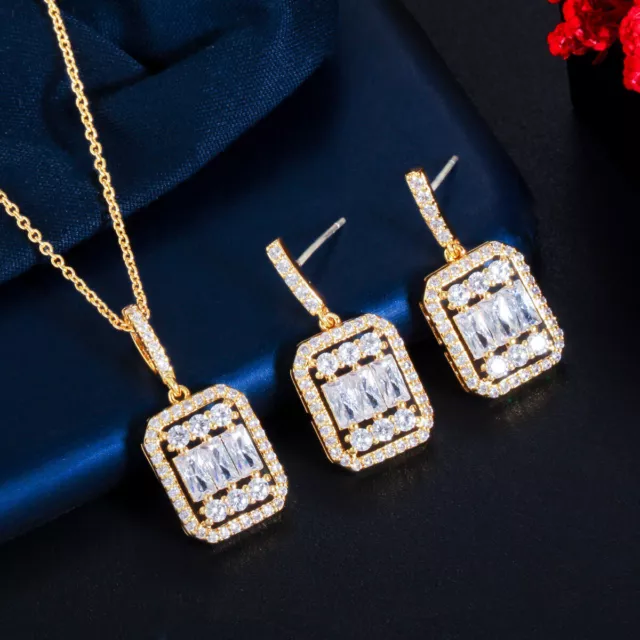 18k Yellow Gold Plated CZ Square Dangle Earrings Pendant Necklace Jewelry Set