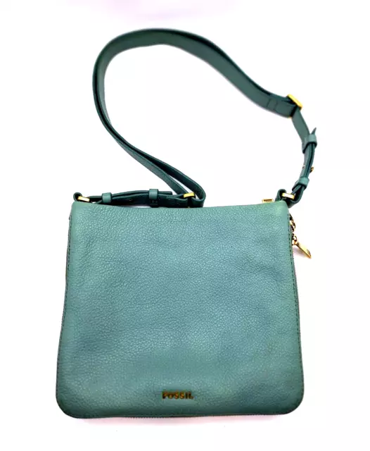 FOSSIL Preston Teal Pebbled Leather Expandable Crossbody Purse Bag