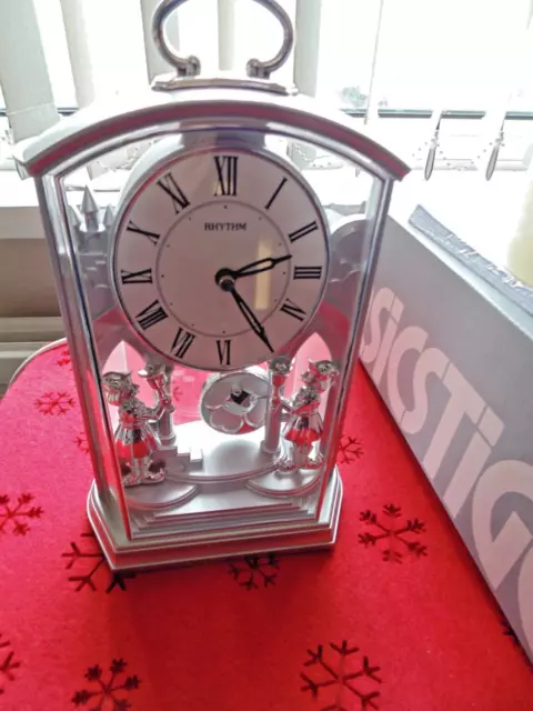 New Rhythm Silver Tone Pendulum Mantel Clock Roman Numerals Table Decor Ornament