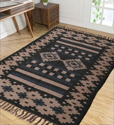 Tappeto arredamento casa rettangolare lana iuta tappeto soggiorno kilim fatto a mano tappeto nero
