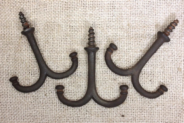3 old Coat Hooks under shelf cup hangers farmhouse vintage 1880’s rustic 2 1/4" 2