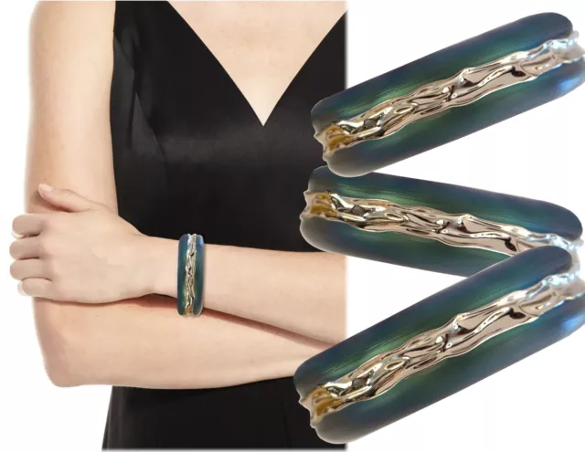 ALEXIS BITTAR Crumpled Rhodium Inlay Hinge Bracelet in Blue $275 NWT