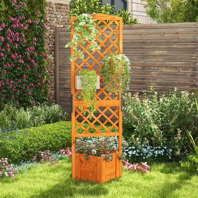 RAISED GARDEN BED Wooden Planter w/ Trellis for Vine Climbing Plant