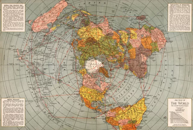 1943 Flat Earth World War II Map Polar Azimuthal Equidistant Projection Poster