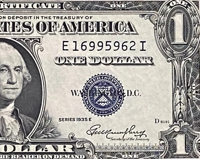 $1 1935-E ( E-I Block )  BLUE SEAL SILVER CERTIFICATE CU.