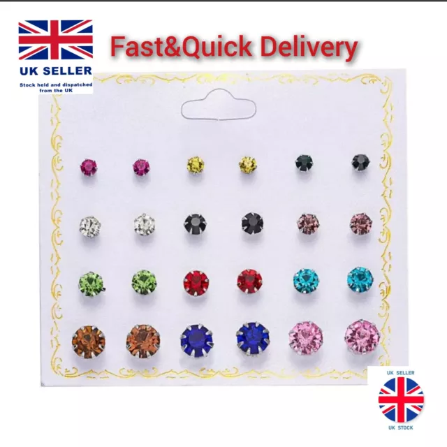 A Set Of 12 Pairs Multic Cubic Zirconia Stud Earrings Small Round CZ Set Pack UK