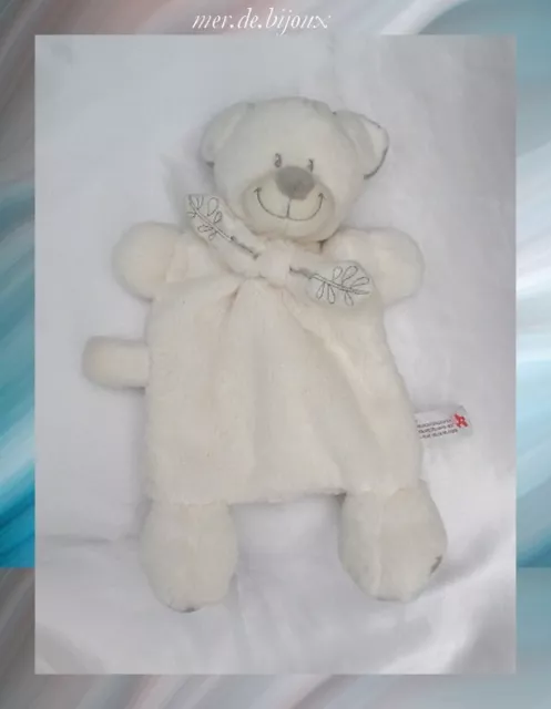 Doudou Peluche Plat Ours Blanc Gris Echarpe Feuilles Brodées Nicotoy