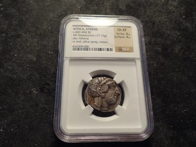440-404 BC ATTICA ATHENS  NGC CH XF AR Silver Tetradrachm 17.15 Grams SLABZ RXR