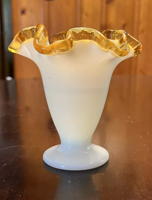Fenton Gold Crest ￼Footed Crimped Vase Milk Glass 4”