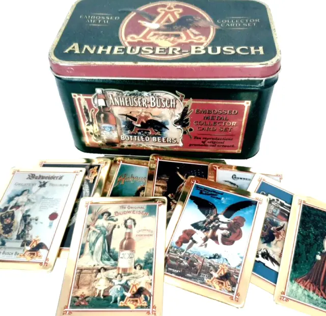 Anheuser-Busch Embossed Metal Collector Card Set 10 Cards Collectible Tin Box