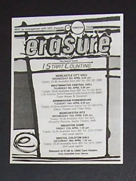 Erasure The Circus UK Tour 1987 Mini Poster Type Concert Ad, Promo Advert