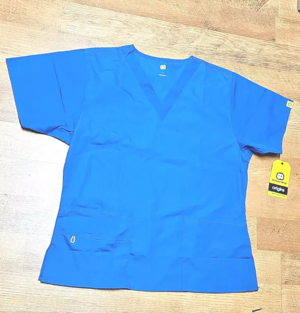 New Wonder Wink Womens Size Small Royal Blue Medical Scrub Top Pockets