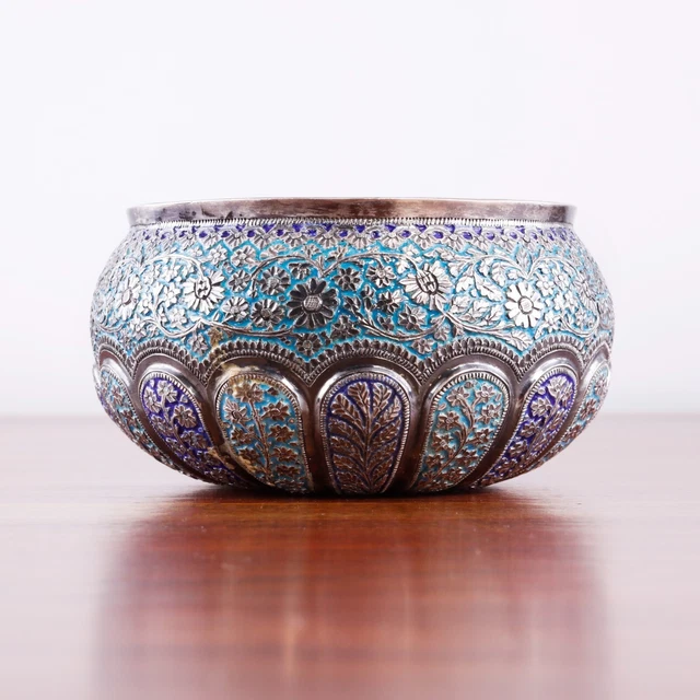 Spectacular Asian Silver & Enamel Bowl Elaborate Hand Chased Florals Fluted Base